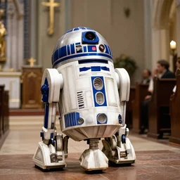 photo of r 2 - d 2 getting baptized in church