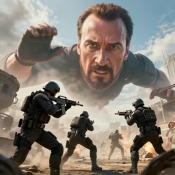 swat troops fight against giant flying nikolas cage head, hd, hdr, ue 5, ue 6, unreal engine 5, cinematic 4 k wallpaper, 8 k, ultra detailed, by popular digital artist, beautiful image, resolution, artstation