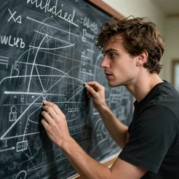 a man staring at a complex blackboard, by wlop, from a distance, visibly frustrated