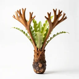 carved wooden staghorn fern, studio photography, full body, isolated on a pure white background, centered, entire subject in frame, sharp focus, soft studio lighting