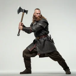 wide shot low angle full body elegant hyperrealistic master piece portrait of historical accurate viking warrior, holding axe and sword, absurdly beautiful with beard and glasses, by greg rutkowski and artgerm and simon bisley, sharp focus, bright colors, matte, dynamic fighting pose