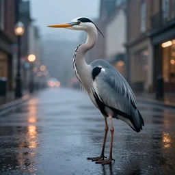 a heron with a tuxedo in an empty street in a rainy day, led lights around the place, digital painting, ultra detailed, unreal engine 5,
