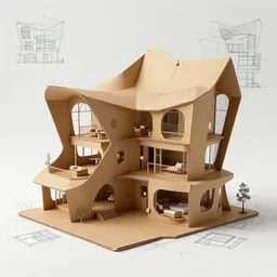Concept design and highly detailed blueprint of a cardboard mansion, Zaha Hadid style 8k hyperrealism