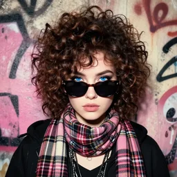 highly detailed portrait of a sewer ( ( emo punk ) ) lady student, sunglasses, blue eyes, tartan scarf, curly hair by atey ghailan, by greg rutkowski, by greg tocchini, by james gilleard, by joe fenton, by kaethe butcher, gradient pink, black, brown and cream color scheme, grunge aesthetic!!! graffiti tag wall background