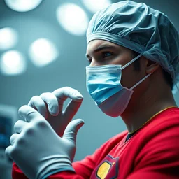a closeup photorealistic photograph of superman doctor prepping for surgery. hospital setting. face mask. bright scene. fine detail. this 4 k hd image is trending on artstation, featured on behance, well - rendered, extra crisp, features intricate detail, epic composition and the style of unreal engine.