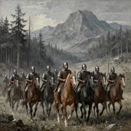 A painting of a group of 12 medieval mercenaries riding horses, dull grey forests and mountains in the background, highly detailed illustration