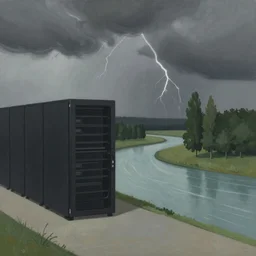 a data-center, connector, firewall,  security, river, trees, thunderstorm, trending on Artstation, painting by Jules Julien, Leslie David and Lisa Frank and Peter Mohrbacher and Alena Aenami and Dave LaChapelle muted colors with minimalism