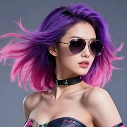 a award winning action upper body portrait of a beautiful woman with aviator sunglasses and ombre purple pink hairstyle with head in motion and hair flying, choker, outrun, vaporware, vivid colors, highly detailed, fine detail, intricate