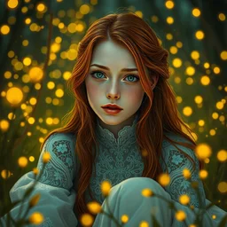 an marveled young woman surrounded by golden firefly lights in a mesmerizing scene, sitting amidst nature fully covered, intricate detailed dress, long loose red hair, precise linework, accurate green eyes, small nose with freckles, smooth oval head, expressive emotions, hyper realistic ultrafine portrait by artemisia gentileschi, jessica rossier, artgerm
