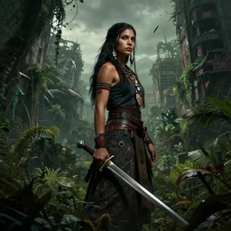 young beautiful tribal woman with a sword, in a post apocalyptic city overgrown with lush vegetation, by Luis Royo, by Greg Rutkowski, dark, gritty, intricate, volumetric lighting, volumetric atmosphere, concept art, cover illustration, octane render, trending on artstation, 8k