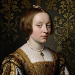 a close up portrait of a young lady, flemish painting, Cranach, Bosch, highly detailed, ornate dress, baroque wallpaper