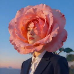 closeup, giant rose flower head, portrait, girl in a suit, surreal photography, sunrise, blue sky, dramatic light, impressionist painting, digital painting, artstation, simon stalenhag