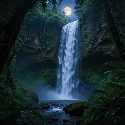 deep jungle cave waterfall magic night moonlight shining, volumetric lighting, rtx on, an award winning digital render, beautiful, ultradetailed, great composition, depth of field