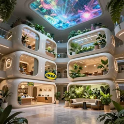 very wide cinematic shot inside a scifi combination of capsule hotel!! and shopping mall as ikea ad, modern lush condo as shopfront, terrarium lounge area, very tall cathedral ceiling with holographic sky art, detailed archviz render, archdaily, scifi artstation concept, comfy lighting, mass effect, fine details, unreal engine, hyperrealism, realistic shading, blender render