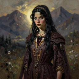 berry priestess of the waffle mountains. oil painting by award - winning comic book artist, chiaroscuro, intricate details, bokeh, backlighting, field of depth, safe for work