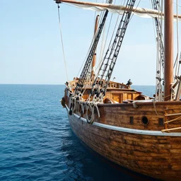 A long shot angle of a wooden old ship in the ocean