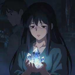 beautiful young Himalayan woman with psychic powers, holding crystals, sad, futuristic, somber, by Makoto Shinkai and Wojtek Fus, by studio trigger, rossdraws, dramatic lighting, reflective light
