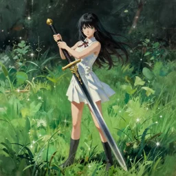 a full body portrait of a beautiful with a giant sword bigger than her beauty, delicate features finely detailed perfect art, green field, gapmoe yandere grimdark, trending on pixiv fanbox, painted by greg rutkowski makoto shinkai takashi takeuchi studio ghibli