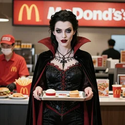 portrait of a beautiful and grim vampire queen wearing a mcdonalds uniform serving customers by William-Adolphe Bouguerea