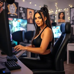 live still of kim kardashian as a twitch streamer, gaming room,