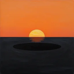 the sea of sadness, a circular black void, a line of orange sunset, crushing despair, acrylic painting