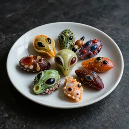 a beautifully photographed single plate of strange and disturbing colorful alien foods
