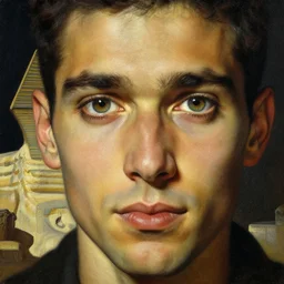 a closer personal portrait of man with very piercing eyes, very charismatic. in the old ancient temple of the sphinx. masterpiece, dark. painted by norman rockwell and james gurney