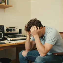 a mid - century album cover with soft colors featuring a stressed out dad in his music room
