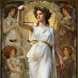 an extremely realistic full body portrait of themis the greek goddess of balance, holding a balance scale!!! wearing ancient greek white paper tunic and laurel wreath, extremely beautiful, precise anatomy, young and slender, by artgerm and by greg rutkowski and by alphonse mucha and by simon bisley, radiant light, detailed and intricate environment