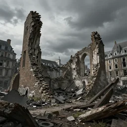 ruins of london after years of war, grey sky, debris, damaged buildings, hyperdetailed, artstation, cgsociety, 8 k