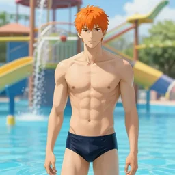 a lean young Orange haired man in a swimsuit at a water park. By Wayne Barlowe and Ruan Jia. Masterpiece