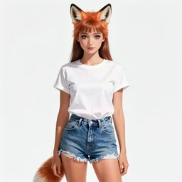 fullbody portrait of wild half - fox woman, wearing summer jeans shorts and tshirt, anime art, concept art, detailed attractive face, audrey hepburn, symmetrical, trending on pixiv, by lois van baarle by akira toriyama by sung choi by john kirby artgerm style pascal blanche and magali villeneuve