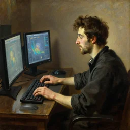 an oil painting of an man playing a PC gaming, by Bouguereau, highly detailed and intricate,