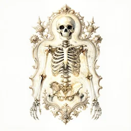 Picture of an ornate and extravagant glowing skeleton. Lithograph with watercolor hand colored, gilded trim.