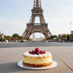 a cake on a sidewalk in front of the eiffel tower