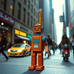 kodak portra 4 0 0, wetplate, flashlight, orange and teal colour portrait by saul leiter of a tiny photoreal tin toy robot standing in a busy new york street, tiny gaussian blur, insanely detailed, insanely intricate, insanely beautiful, depth of field, sun, wide aperture, color photography