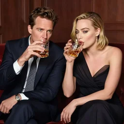 peter stormare and margot robbie drinking whiskey, art by greg rutkowski