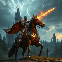 knight mounted in a horser, wielding a greatsword of fire with electricity element, standing in frontal of a castle, castle realistic, armor with electricity hyperrealism, big forest world fantasy hyperrealism, sky with lightning clouds, artstation hyperrealism by greg rutkowski hyperrealism