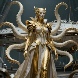a photo of 8k ultra realistic corrupted lovecraftian golden humanoid queen standing next to a spaceship, 8 intricate white and gold tentacles, ornate white and gold armour, cinematic lighting, trending on artstation, 4k, hyperrealistic, focused, high details, unreal engine 5, cinematic, masterpiece