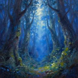 oil painting of fantasy magic forest, by greg rutkowski, 4 k, high detail, bright, high contrast, blue