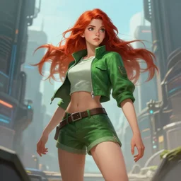 beautiful cute athletic red haired eighteen year old young woman standing up, casual green clothing, long hair, cyberpunk city, attractive face, dynamic pose, rpg character, sci - fi, intricate, elegant, digital painting, artstation, concept art, smooth, 8 k frostbite 3 engine, ultra detailed, art by artgerm and greg rutkowski and magali villeneuve