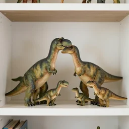 a family picture of a dinosaur family, they have their arms around each other, in a frame on top of a shelve.