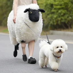 a person wearing a sheep costume walking bichon frise on leash