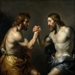 an epic oil painting of God arm wrestling against Jesus Christ, painted by Johannes Vermeer