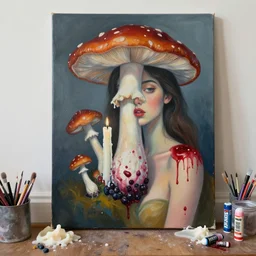 “ surrealism, a portrait in a female art student ’ s apartment, mushrooms, sensual, art supplies, a candle dripping white wax, berry juice drips, acrylic and spray paint and oilstick on canvas, neoexpressionism ”