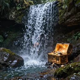 Single waterfall with treasure hidden behind the water stream, photo realistic, glowing chest