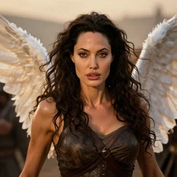 epic photo of muscular angelina jolie as beautiful barbarian warrior princess with long curly black hair blowing in the wind in a battle scene, sweaty, detailed eyes, neutral expression, shallow depth of field, photorealistic, cinematic lighting, lovely bokeh, warm colours, dusk, movie quality, conan the destroyer 1 9 8 5, movie still
