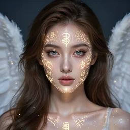 beautiful female fallen angel, portrait, studio lighting, perfect eyes, detailed face, cover model, magic, technology, sigils, leds,