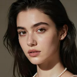 julia garner, black hair, beauty, half body portrait, greg kutkowski, sharp details, soft lighting, subsurface scattering, pearls of sweat, glistening skin, warm lighting