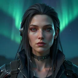 a detailed portrait 3 d matte painting of a beautiful female cyberpunk sorceress face under dramatic aurora borealis, by stephanie hans by ashley wood by dan mumford